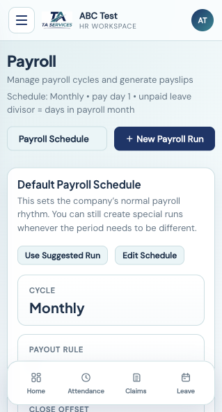 Payroll schedule view in the TA Services HR app